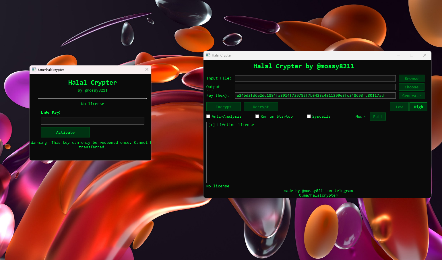 Halal Crypter software interface showing encrypt/decrypt UI with syscalls and run on startup options