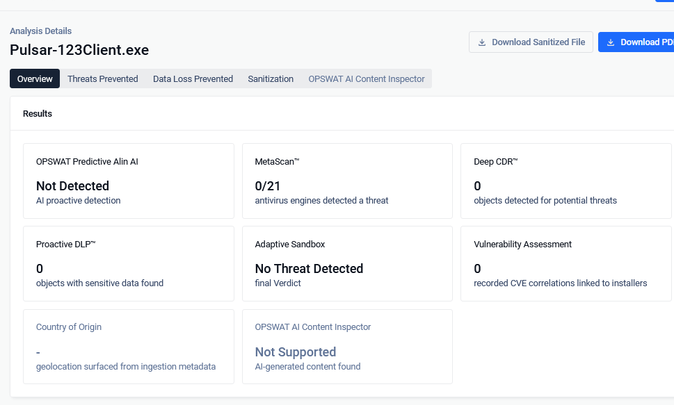 OPSWAT Kleenscan scan result showing 0/21 detections, no threats detected across AI, sandbox, DLP and vulnerability assessment